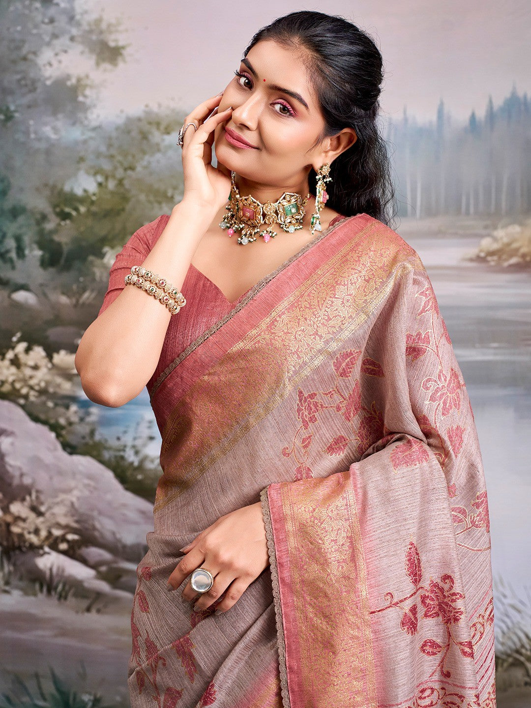 Beautiful Beige Cotton Silk Saree with Floral Elegance and Traditional Zari Border - Image 3