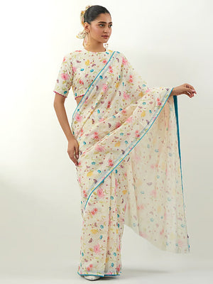 Stylish Cream Floral Print Georgette Saree Highlighted With Lace Border Finish - Image 1