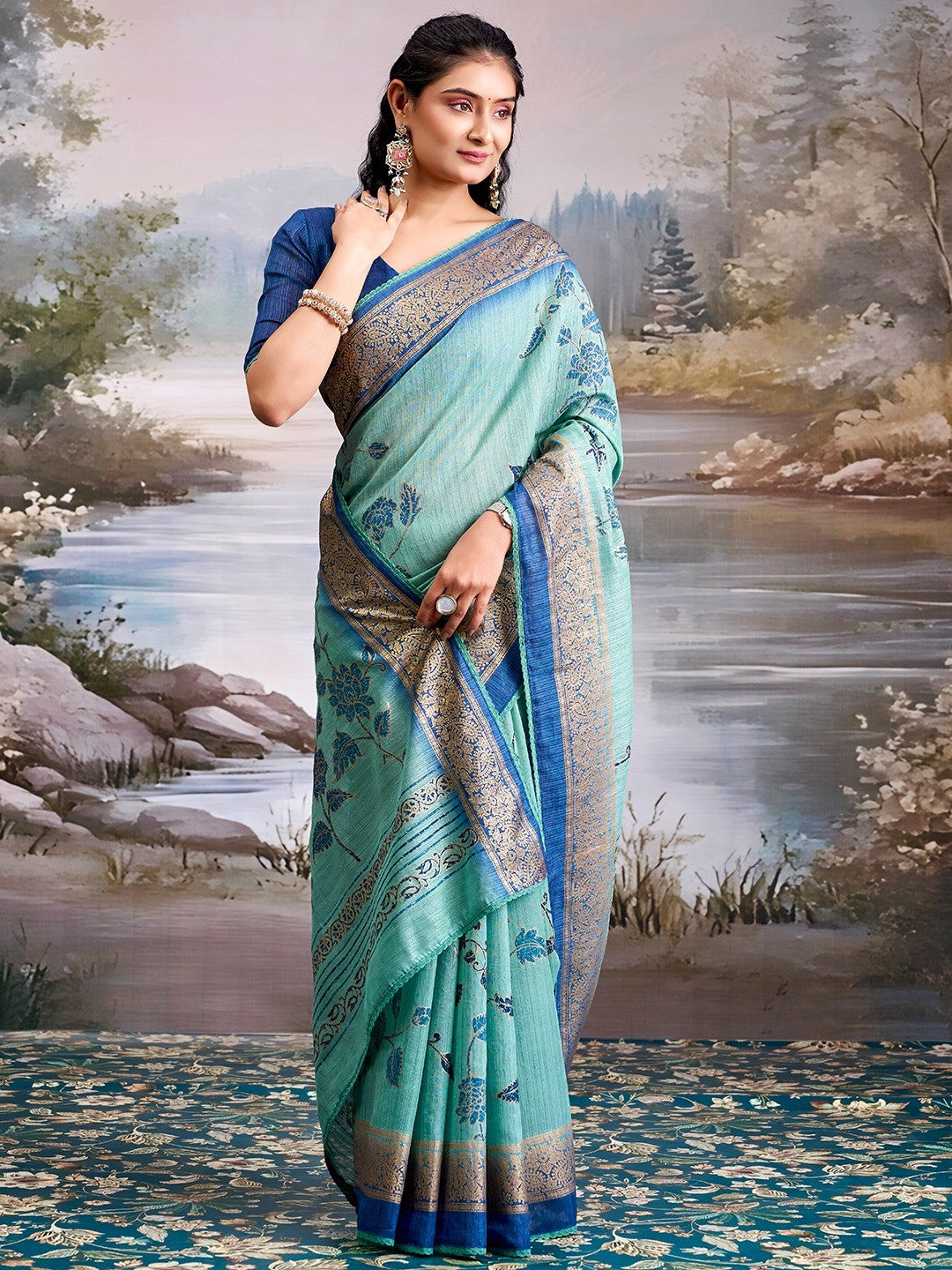 Beautiful Sea Green Cotton Silk Saree with Floral Elegance and Traditional Zari Border - Image 3