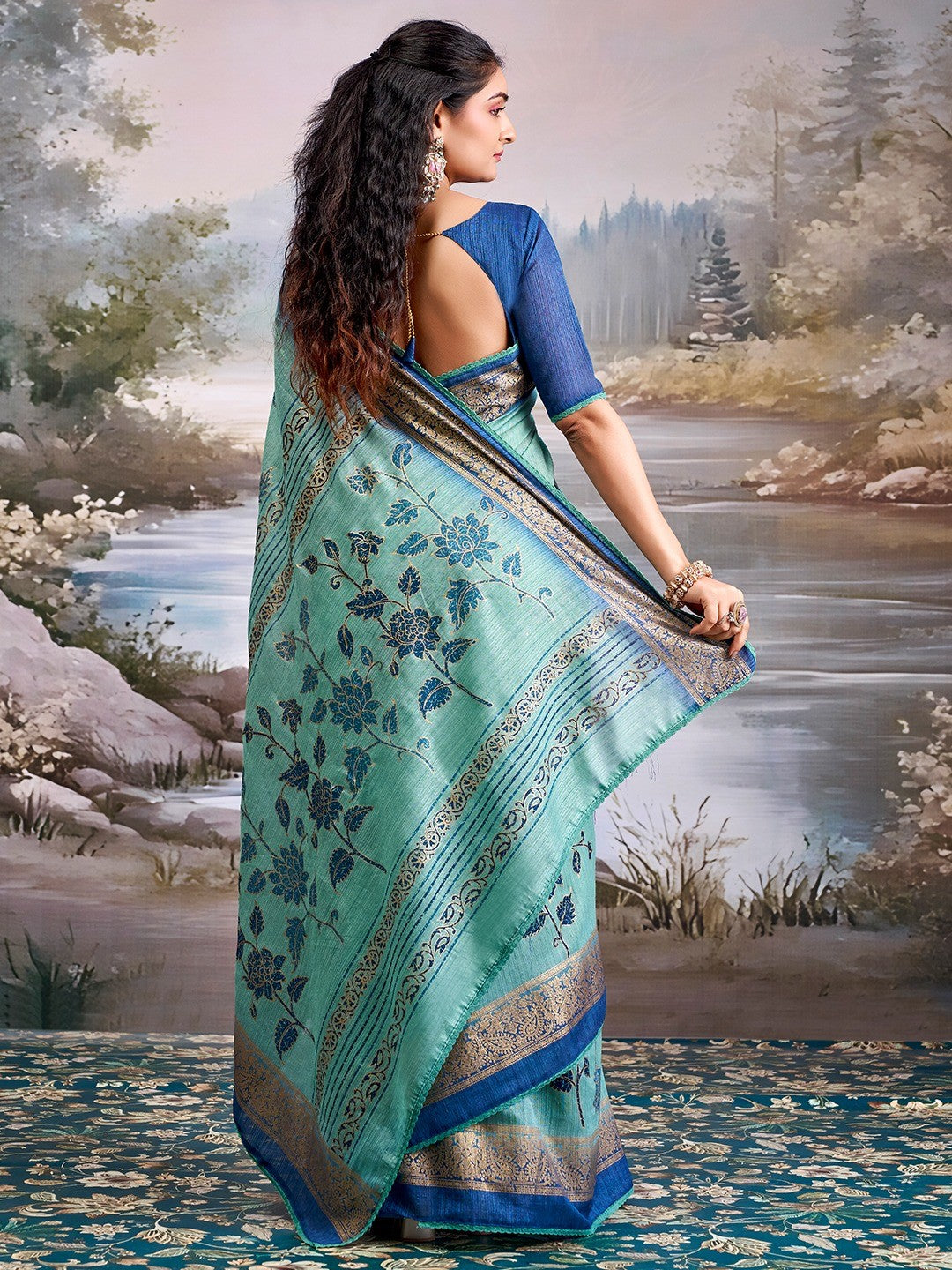 Beautiful Sea Green Cotton Silk Saree with Floral Elegance and Traditional Zari Border - Image 4