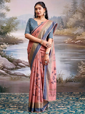 Beautiful Rose Pink Cotton Silk Saree with Floral Elegance and Traditional Zari Border - Image 1