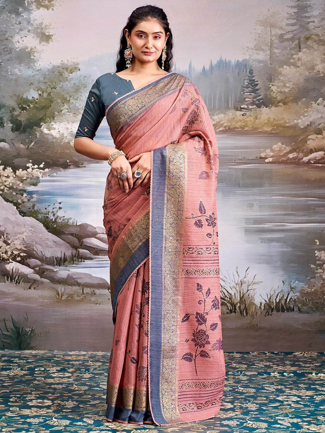 Beautiful Rose Pink Cotton Silk Saree with Floral Elegance and Traditional Zari Border - Image 5