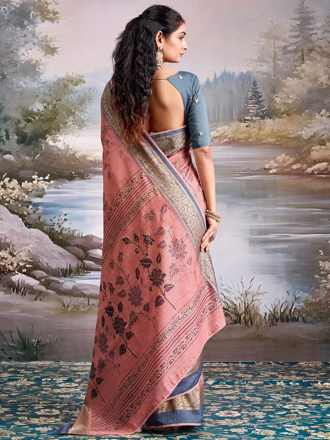 Beautiful Rose Pink Cotton Silk Saree with Floral Elegance and Traditional Zari Border - Image 4