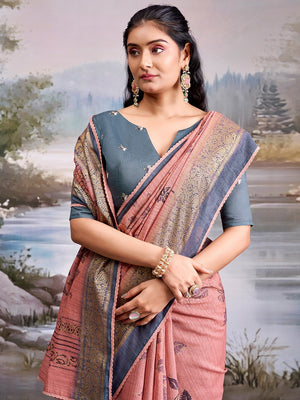 Beautiful Rose Pink Cotton Silk Saree with Floral Elegance and Traditional Zari Border - Image 2