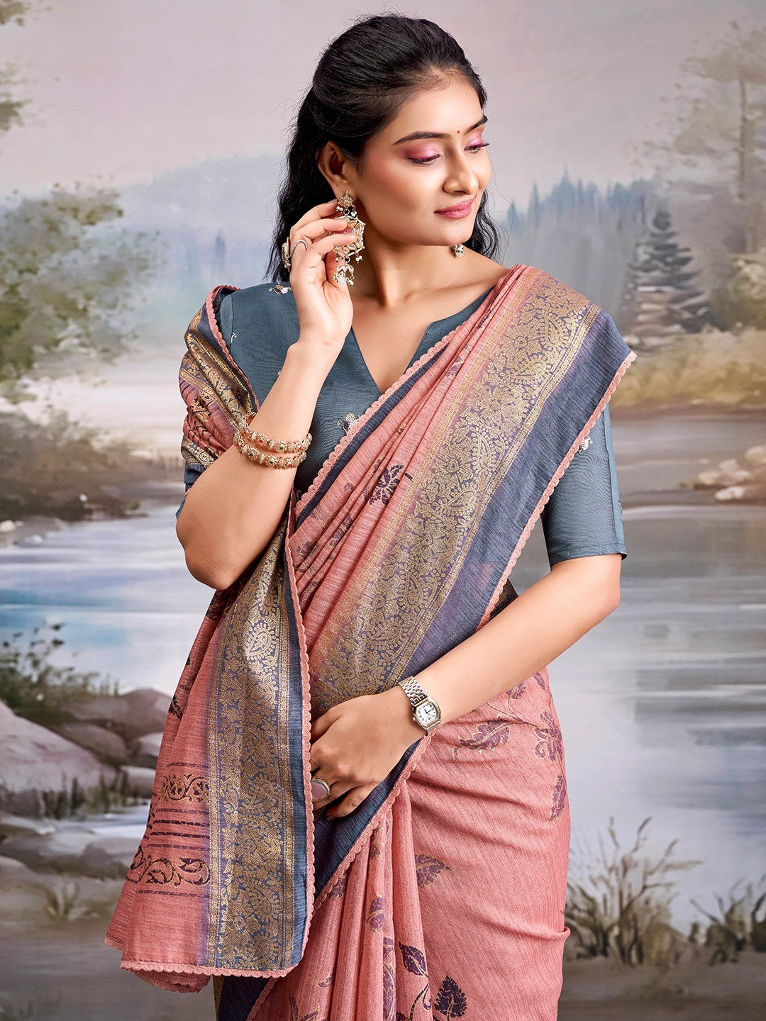 Beautiful Rose Pink Cotton Silk Saree with Floral Elegance and Traditional Zari Border - Image 2