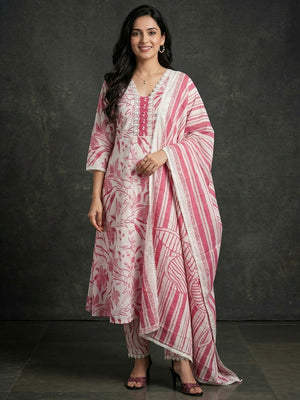 White & Pink Pure Cotton Salwar Suit with Floral Print and Straight Cut with Dupatta - Image 1