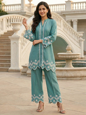 Turquoise Silk Blend Co-Ord Set with Straight Cut Top and Matching Bottom - Image 1
