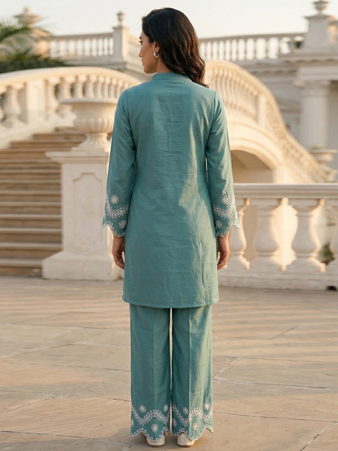 Turquoise Silk Blend Co-Ord Set with Straight Cut Top and Matching Bottom - Image 2