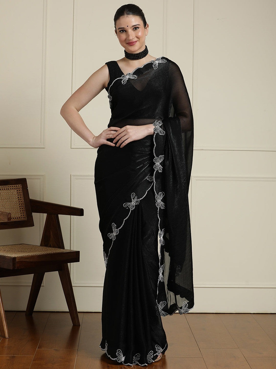 Elegant Black Satin Saree with Delicate Embellished Border - Image 1