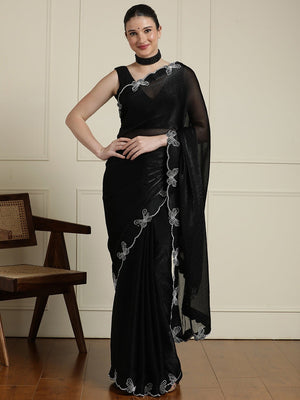 Elegant Black Satin Saree with Delicate Embellished Border - Image 1
