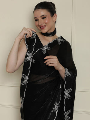 Elegant Black Satin Saree with Delicate Embellished Border - Image 4