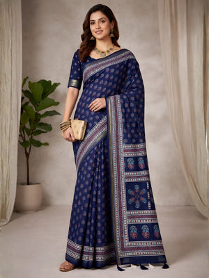 Navy Blue Mulmul Cotton Saree with Ajrakh Prints and Smooth Finish - Image 1