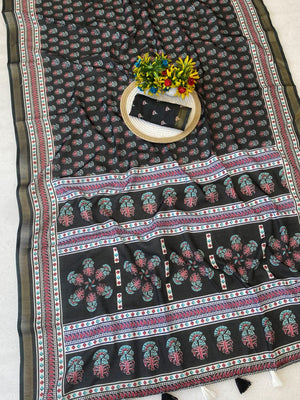 Stylish Black Mulmul Cotton Saree with Subtle Prints and Smooth Finish - Image 2