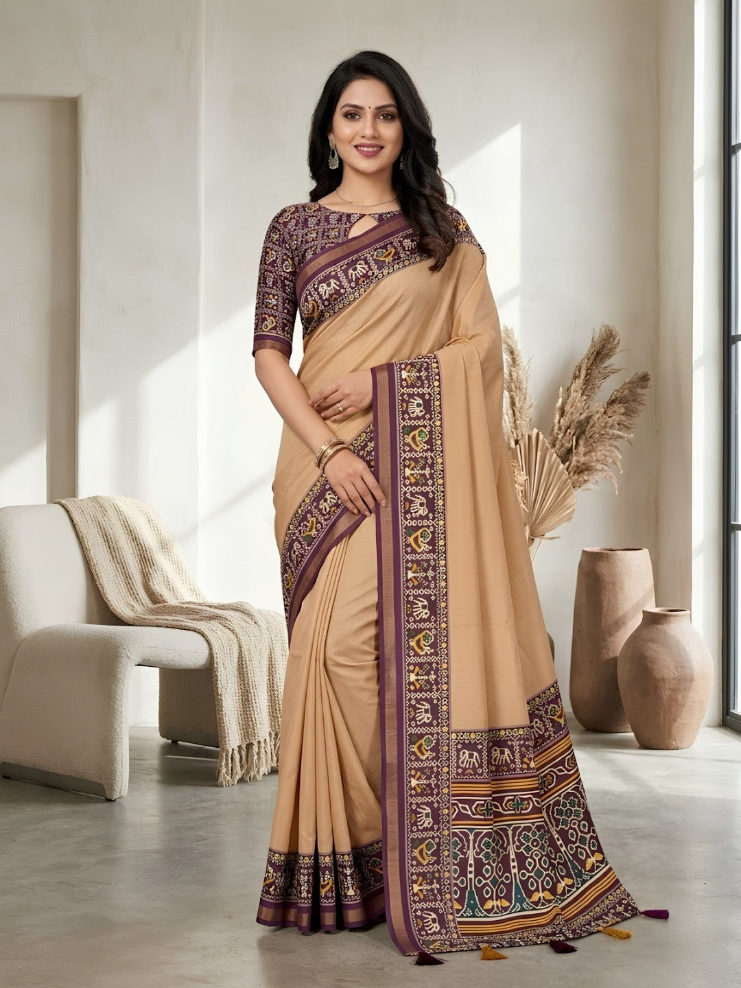 Minimal Chikoo Mulmul Cotton Saree with Subtle Ajrakh Border and Airy Texture - Image 1
