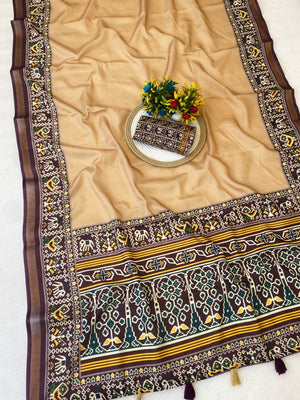 Minimal Chikoo Mulmul Cotton Saree with Subtle Ajrakh Border and Airy Texture - Image 2