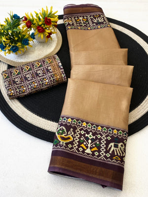 Minimal Chikoo Mulmul Cotton Saree with Subtle Ajrakh Border and Airy Texture - Image 2