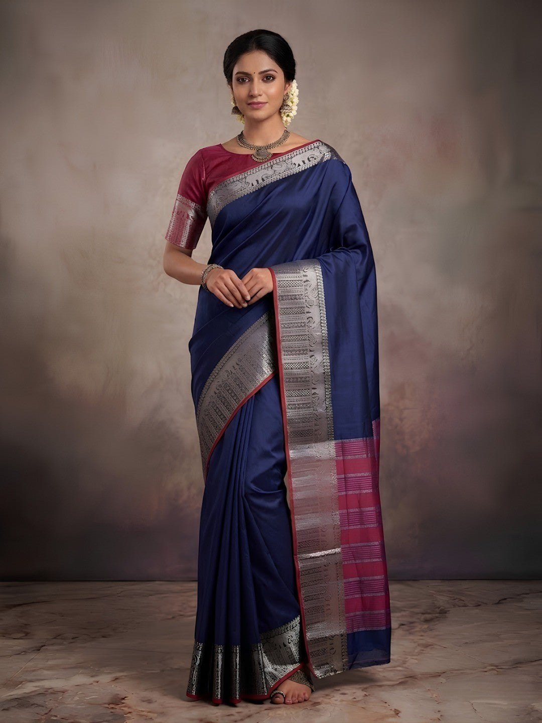 Navy Blue Kanjivaram Silk Saree with Classic Weave and Silver Zari Border - Image 1