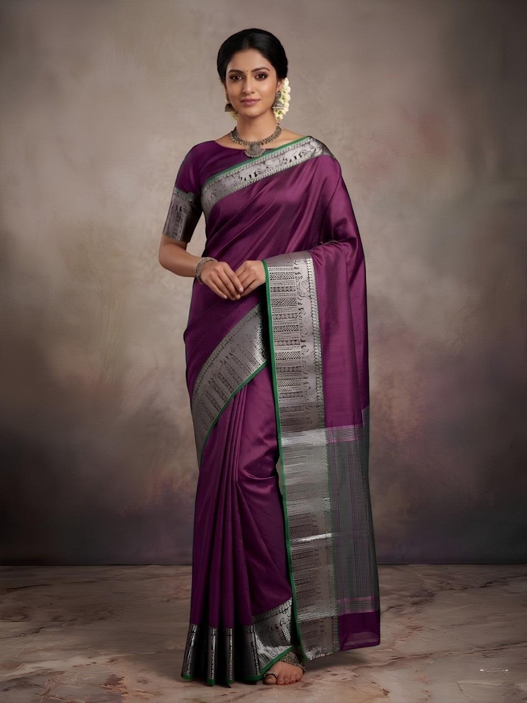 Classic Wine Plain Saree Highlighted With Silver Zari Woven Border Work - Image 1