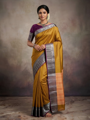 Classic Mustard Plain Saree Highlighted With Silver Zari Woven Border Work - Image 1