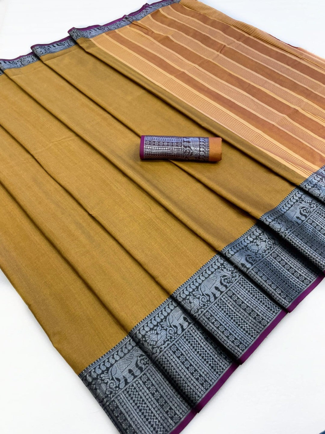 Classic Mustard Plain Saree Highlighted With Silver Zari Woven Border Work - Image 3