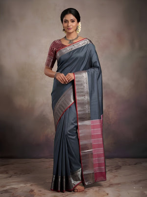 Classic Grey Plain Saree Highlighted With Silver Zari Woven Border Work - Image 1