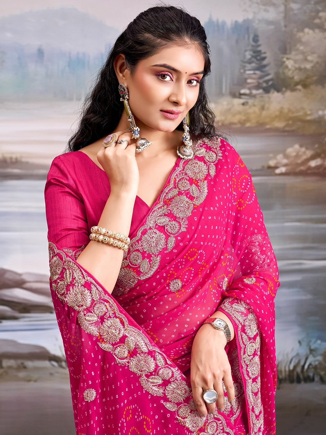 Graceful Pink Bandhani Print Georgette Saree Highlighted With Floral Embroidery Work Border - Image 2