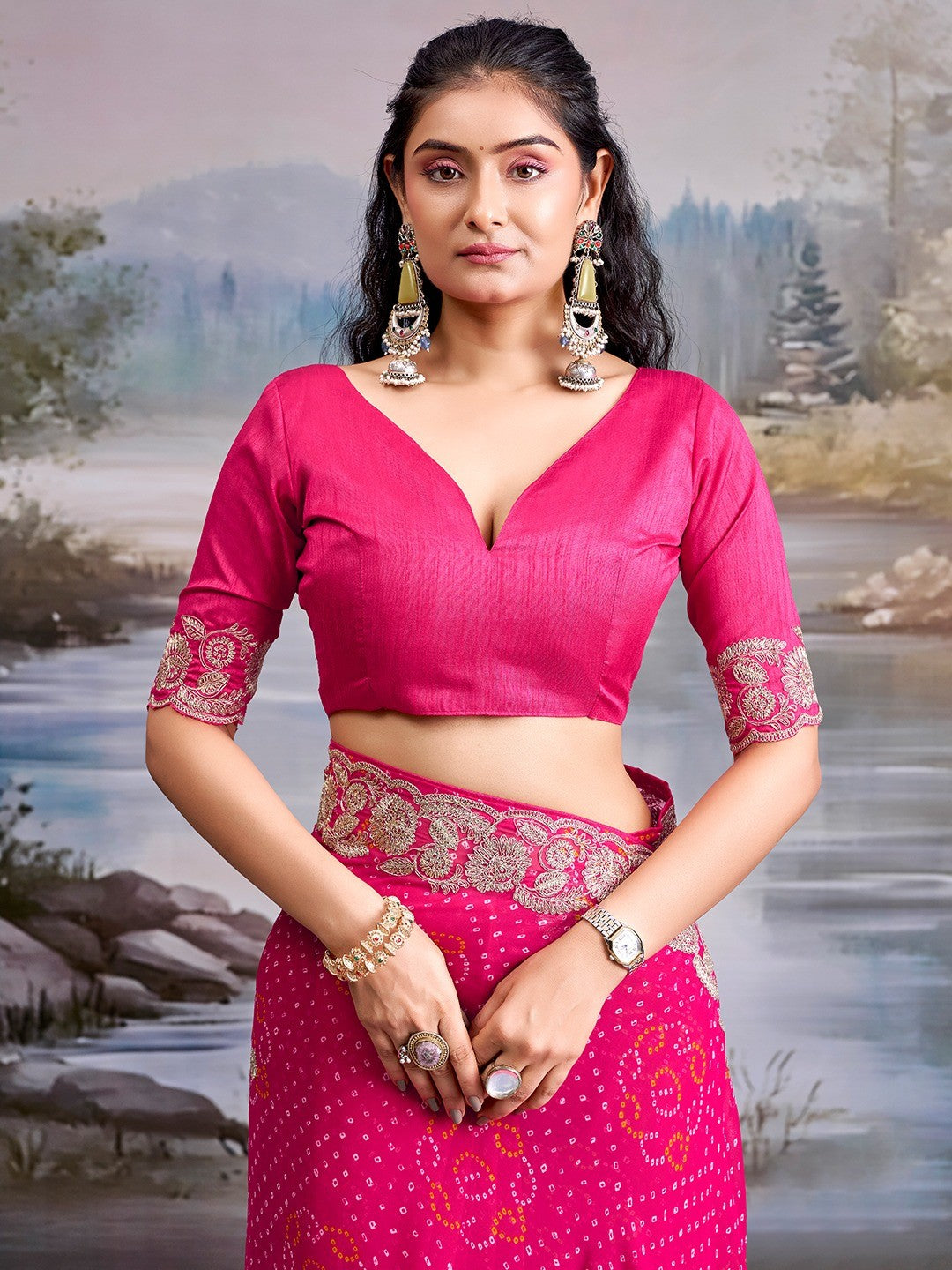 Graceful Pink Bandhani Print Georgette Saree Highlighted With Floral Embroidery Work Border - Image 4