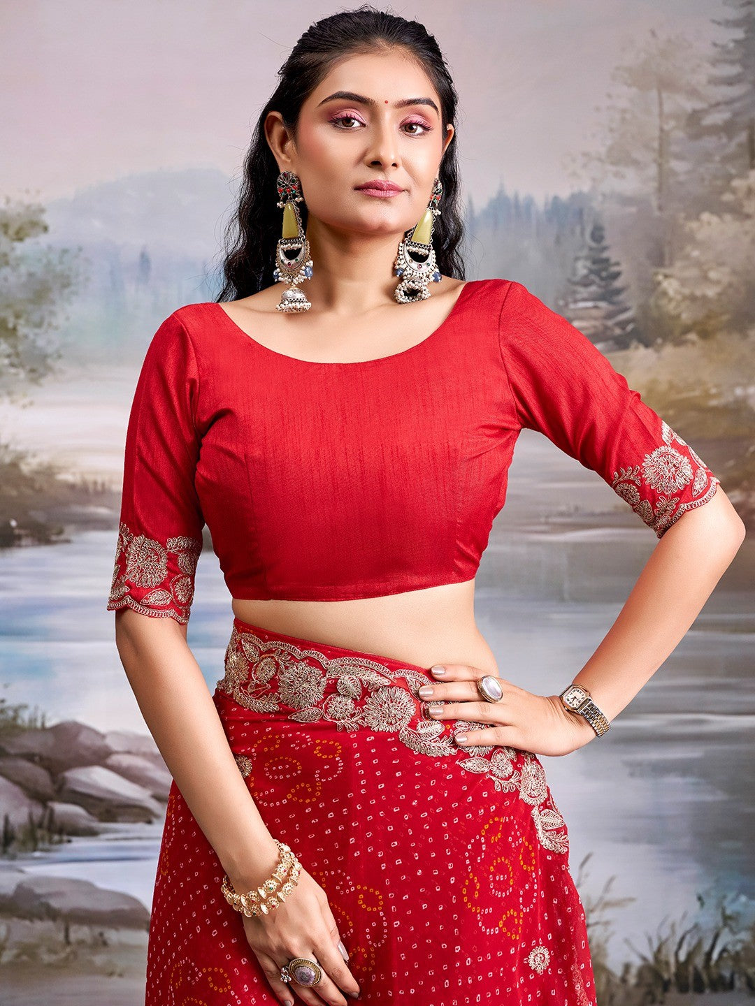 Graceful Red Bandhani Print Georgette Saree Highlighted With Floral Embroidery Work Border - Image 5