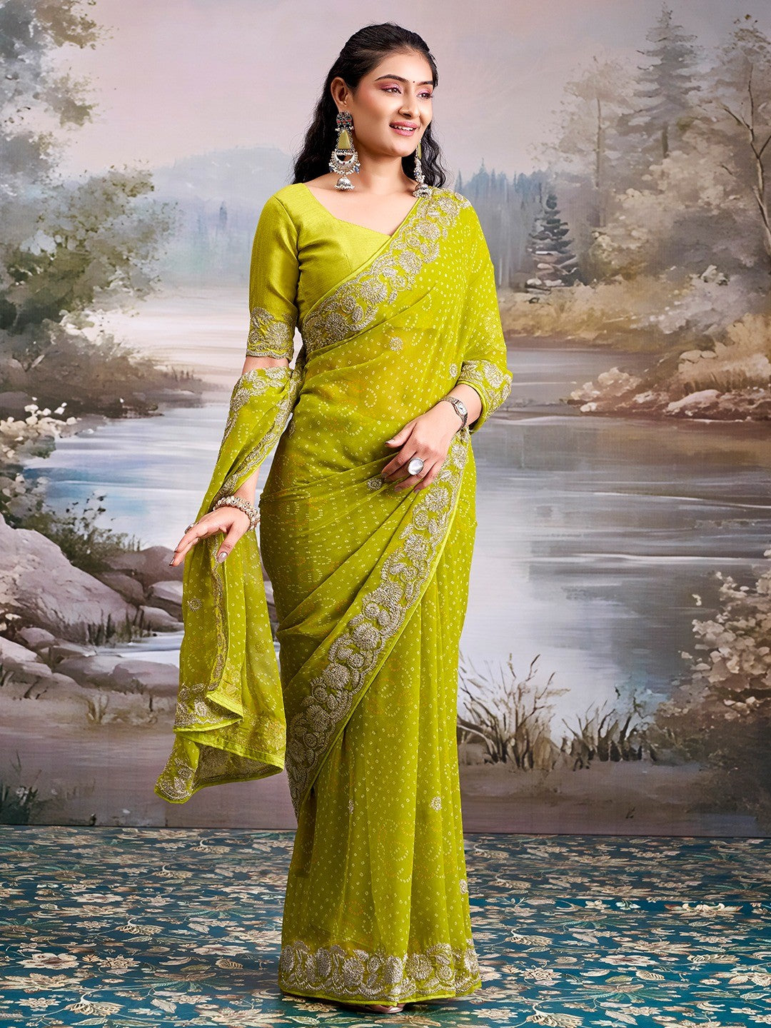 Graceful Green Bandhani Print Georgette Saree Highlighted With Floral Embroidery Work Border - Image 1