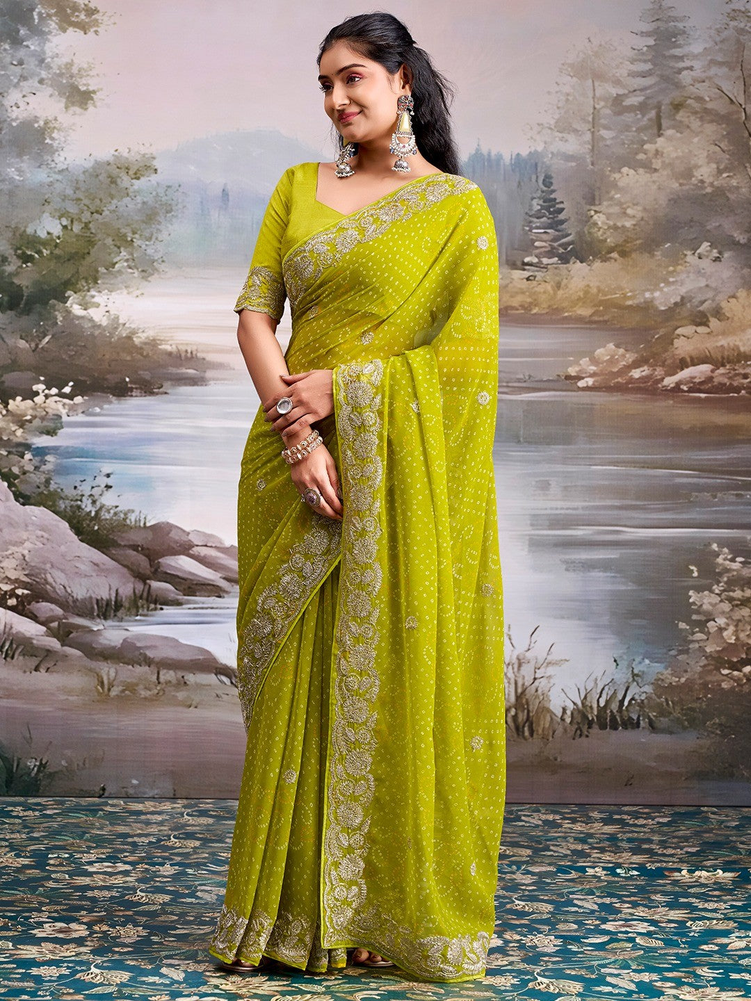 Graceful Green Bandhani Print Georgette Saree Highlighted With Floral Embroidery Work Border - Image 4
