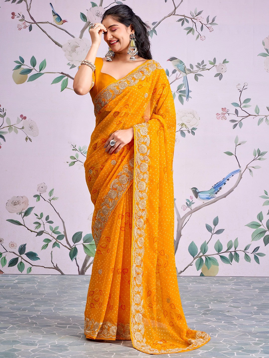 Graceful Mustard Bandhani Print Georgette Saree Highlighted With Floral Embroidery Work Border - Image 6