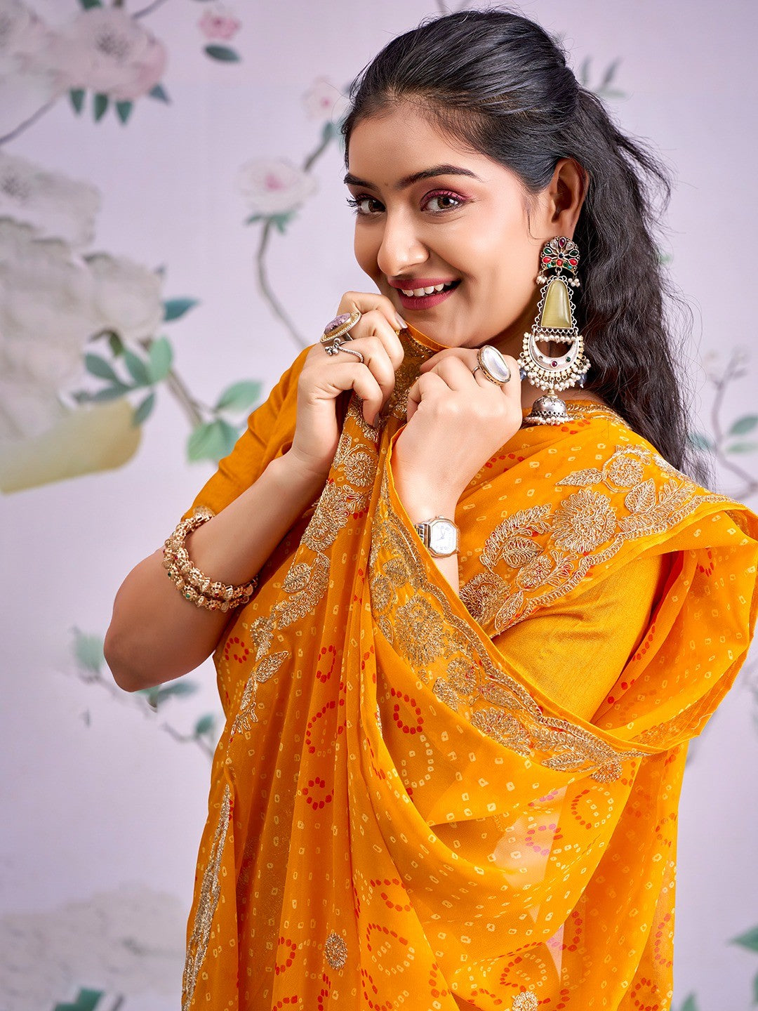 Graceful Mustard Bandhani Print Georgette Saree Highlighted With Floral Embroidery Work Border - Image 3