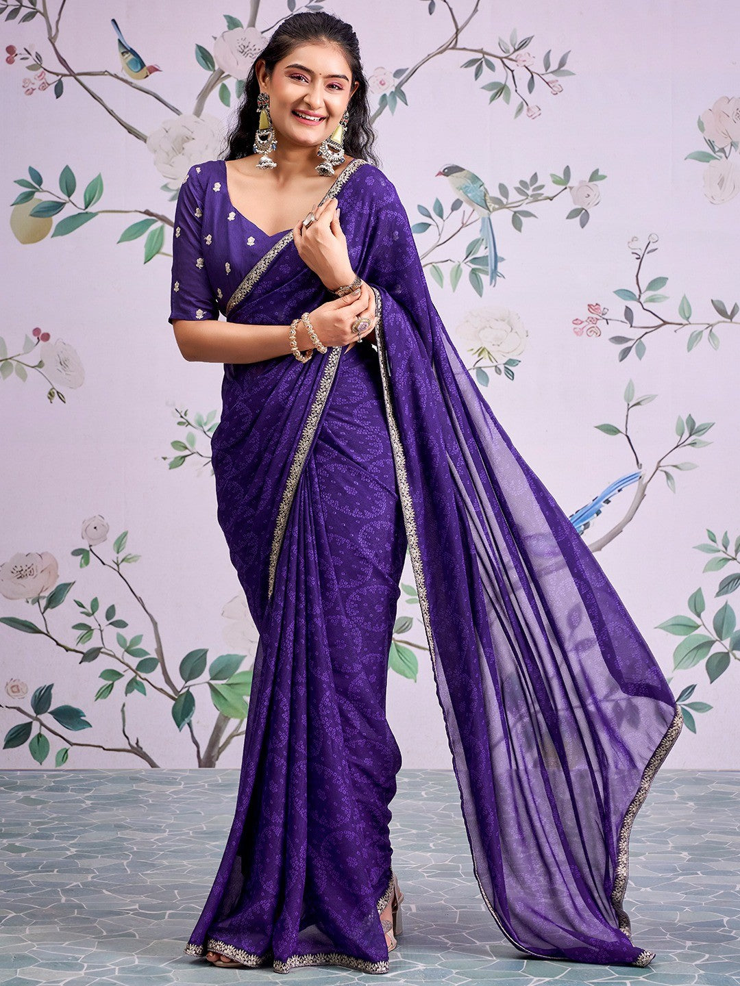 Traditional Purple Bandhani Print Georgette Saree Adorned With Floral Embroidery Border - Image 1