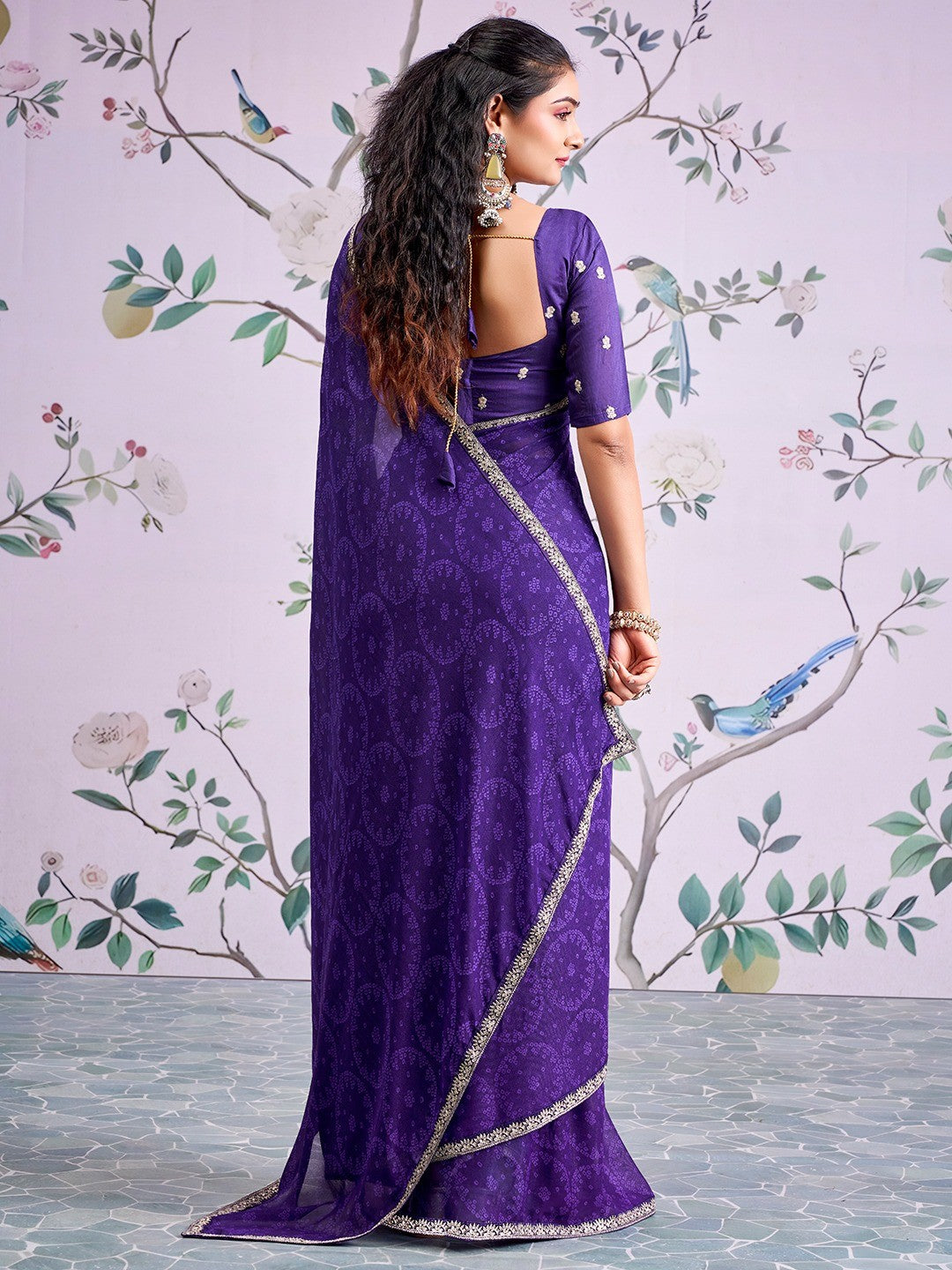 Traditional Purple Bandhani Print Georgette Saree Adorned With Floral Embroidery Border - Image 6
