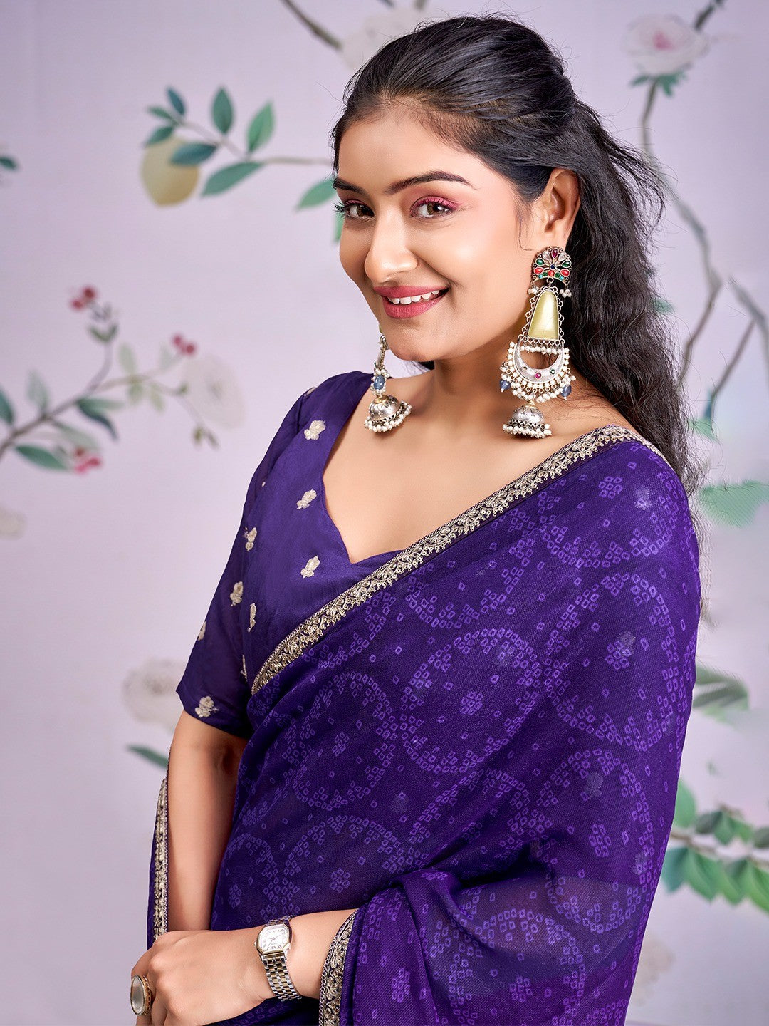 Traditional Purple Bandhani Print Georgette Saree Adorned With Floral Embroidery Border - Image 4
