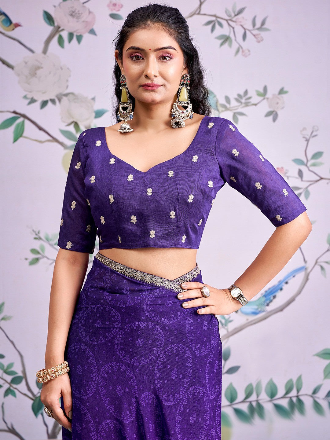 Traditional Purple Bandhani Print Georgette Saree Adorned With Floral Embroidery Border - Image 5