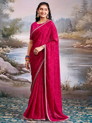 Traditional Pink Bandhani Print Georgette Saree Adorned With Floral Embroidery Border - Image 1