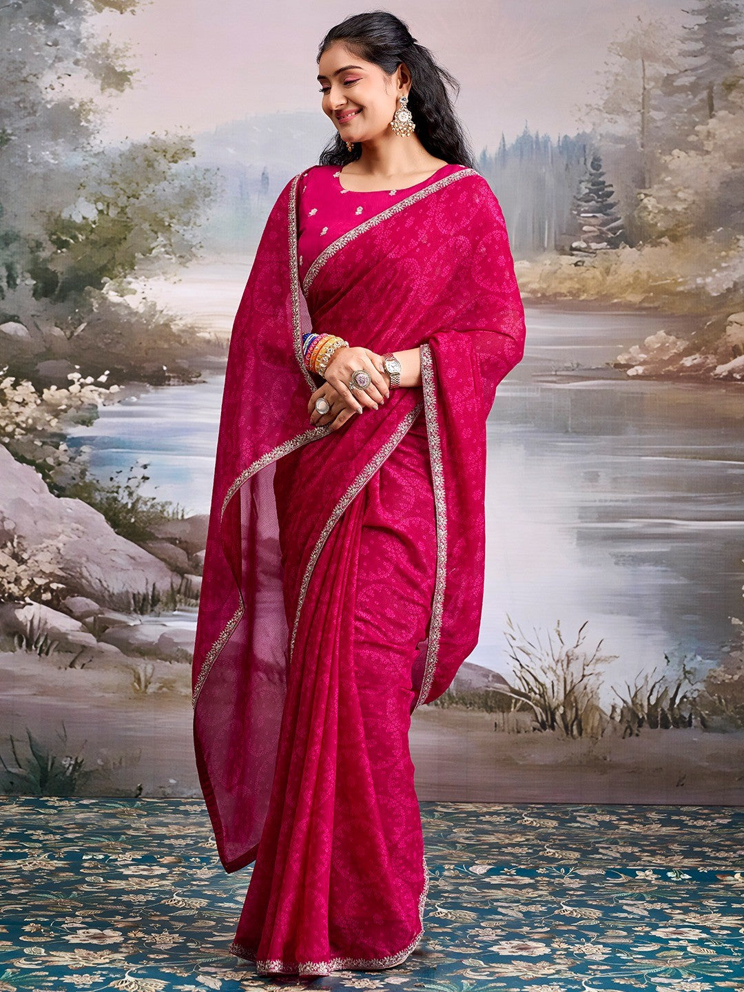 Traditional Pink Bandhani Print Georgette Saree Adorned With Floral Embroidery Border - Image 4