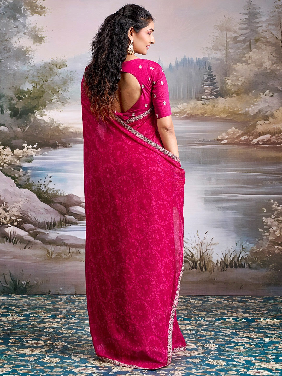 Traditional Pink Bandhani Print Georgette Saree Adorned With Floral Embroidery Border - Image 5