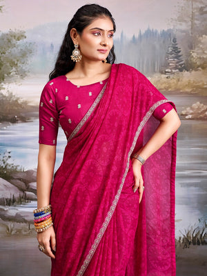 Traditional Pink Bandhani Print Georgette Saree Adorned With Floral Embroidery Border - Image 2
