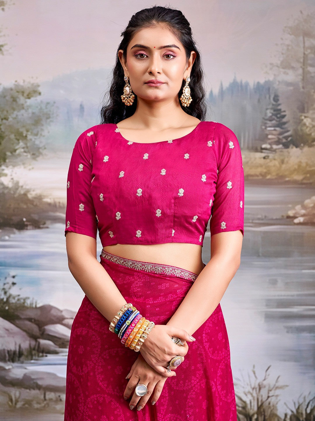 Traditional Pink Bandhani Print Georgette Saree Adorned With Floral Embroidery Border - Image 3