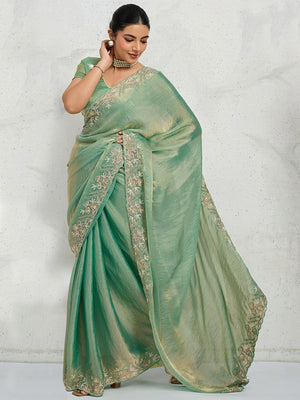 Sea Green Chiffon Saree with Delicate Embroidered Border - Image 1