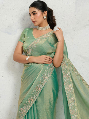 Sea Green Chiffon Saree with Delicate Embroidered Border - Image 2