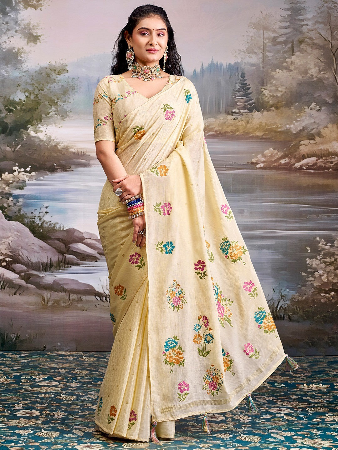 Designer Cream Floral Printed Chinon Saree With Elegant Tassel Pallu Accents - Image 1