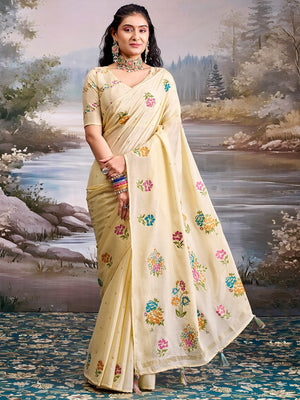 Designer Cream Floral Printed Chinon Saree With Elegant Tassel Pallu Accents - Image 1