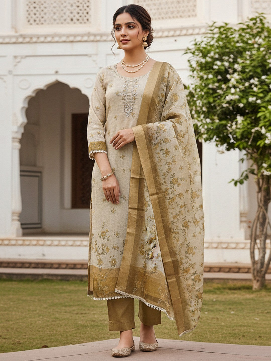 Beige & Olive Floral Printed Linen Dress Material with Embroidery - Image 2