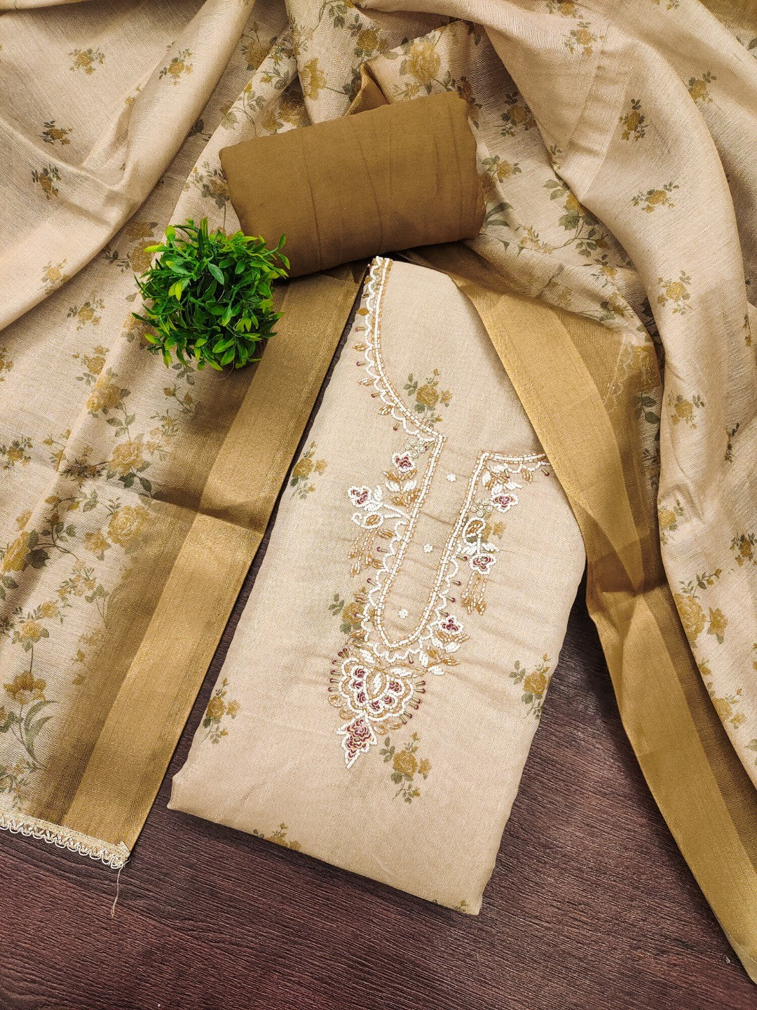 Beige & Olive Floral Printed Linen Dress Material with Embroidery - Image 5