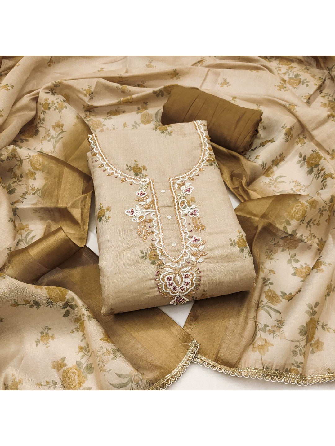 Beige & Olive Floral Printed Linen Dress Material with Embroidery - Image 1