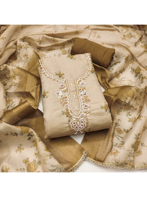 Beige & Olive Floral Printed Linen Dress Material with Embroidery - Image 1
