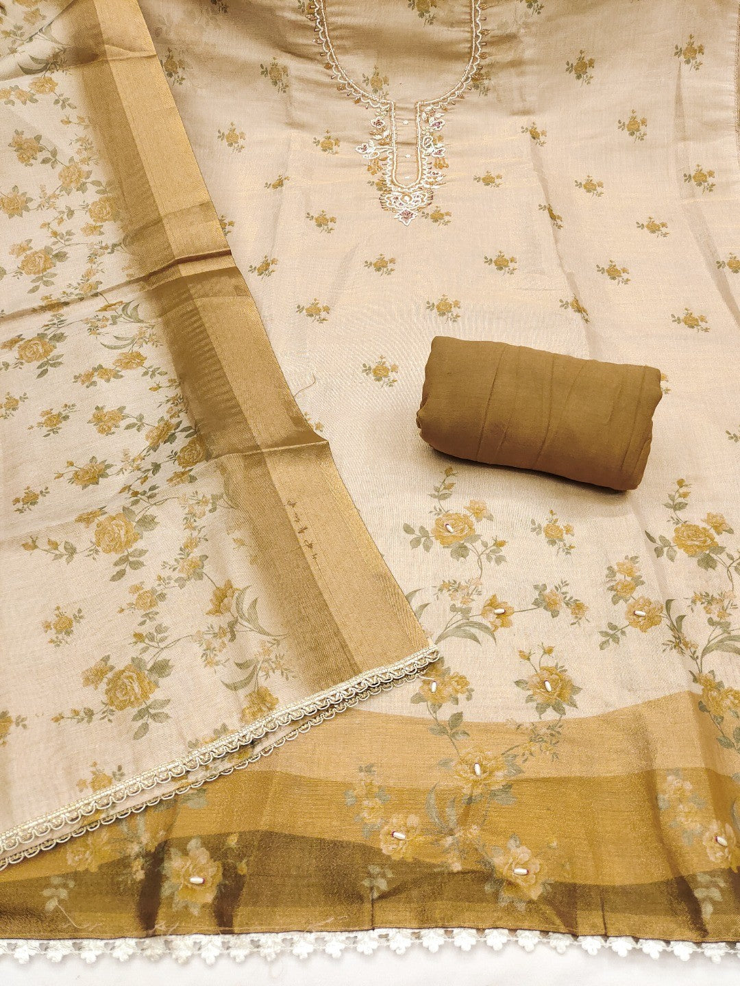 Beige & Olive Floral Printed Linen Dress Material with Embroidery - Image 4